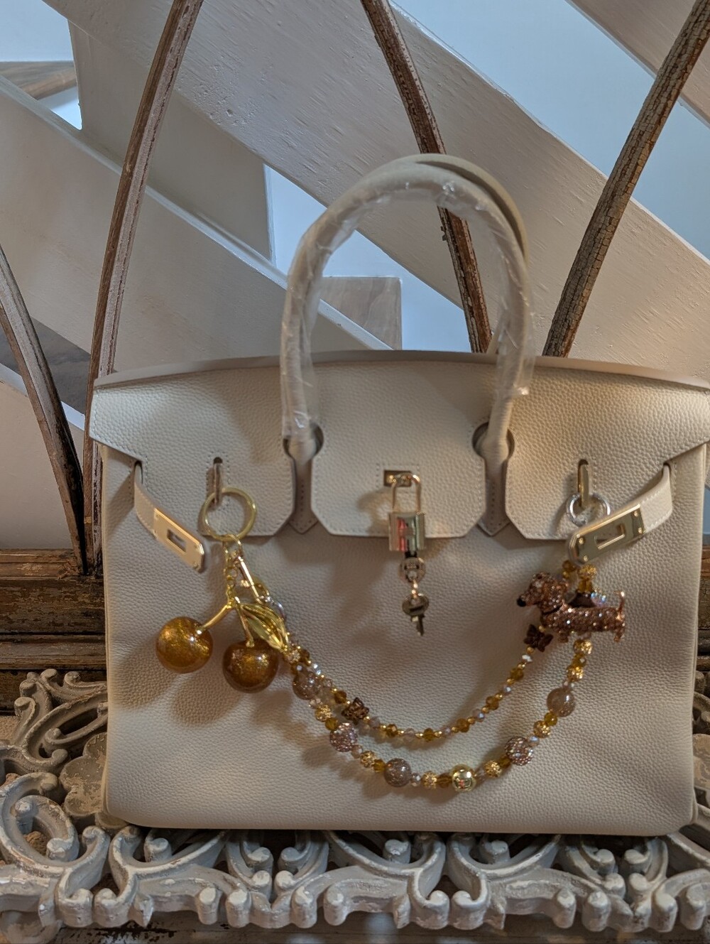 Cream Structured Satchel with Gold Accents - Picture 4 of 5